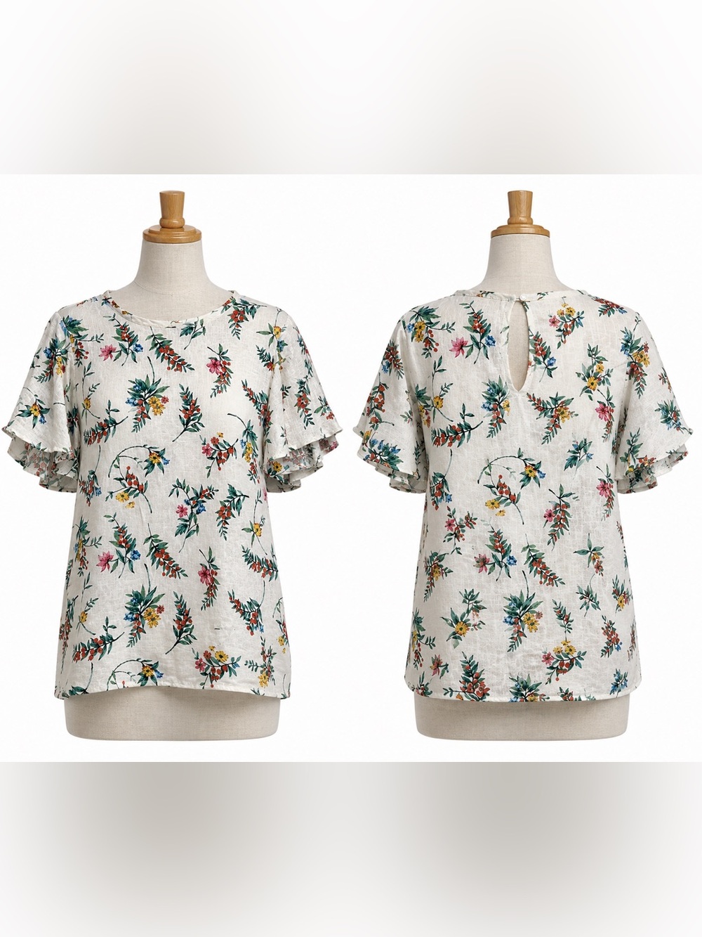 Global Work Floral French Linen Blend‎ Ruffle Sleeve Crewneck Top Size M Garden